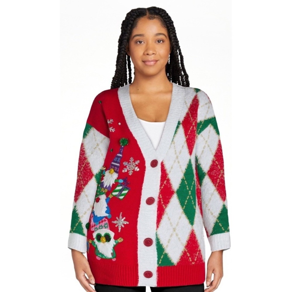 Holiday Time Ugly Christmas Sweater Cardigan Size SM Elf Argyle V-neck Oversized